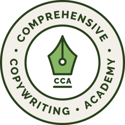 Logo for the CCA with words Comprehensive Copywriting Academy in a circle around an old fashioned pen nib.